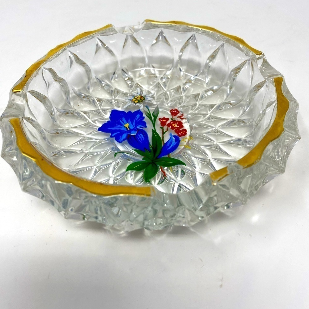 Vintage Glass Ashtray Hand-painted with Gold Rimmed Edges